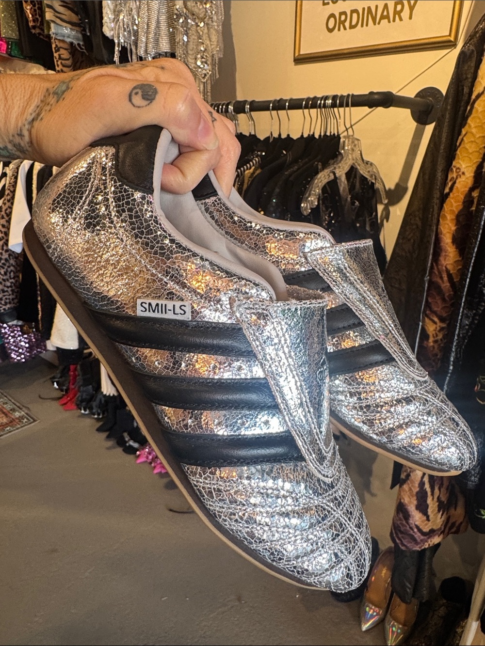 adidas Silver Metallic Taekwondo Slip-On Sneakers with Black Stripes